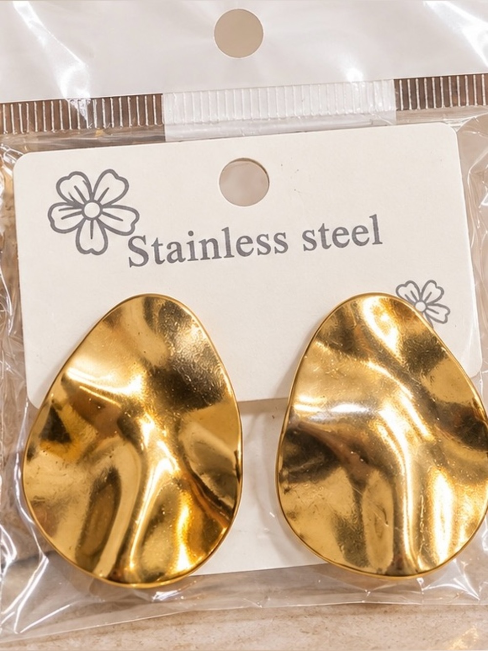 Gold Stainless Steel Sculpted Disc Drop Earrings
